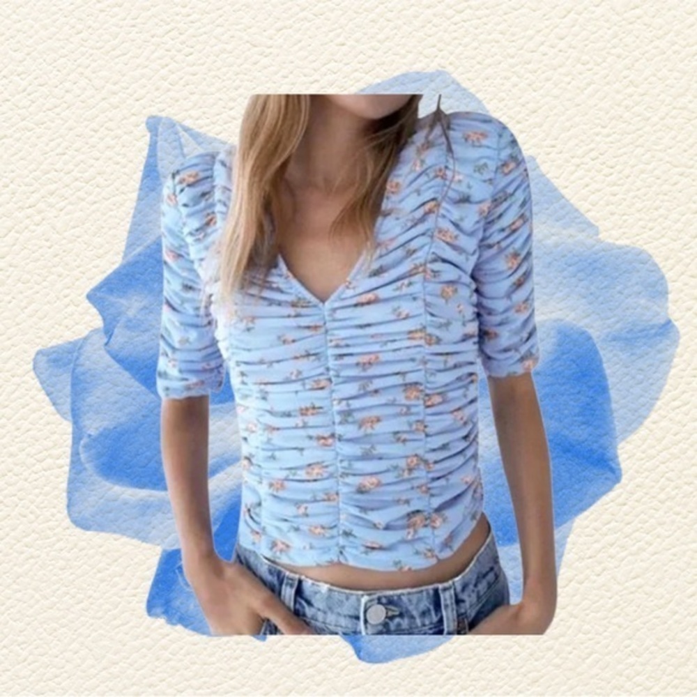 Zara Floral Ruched Tulle V-Neck‎ Blouse Top Size Small